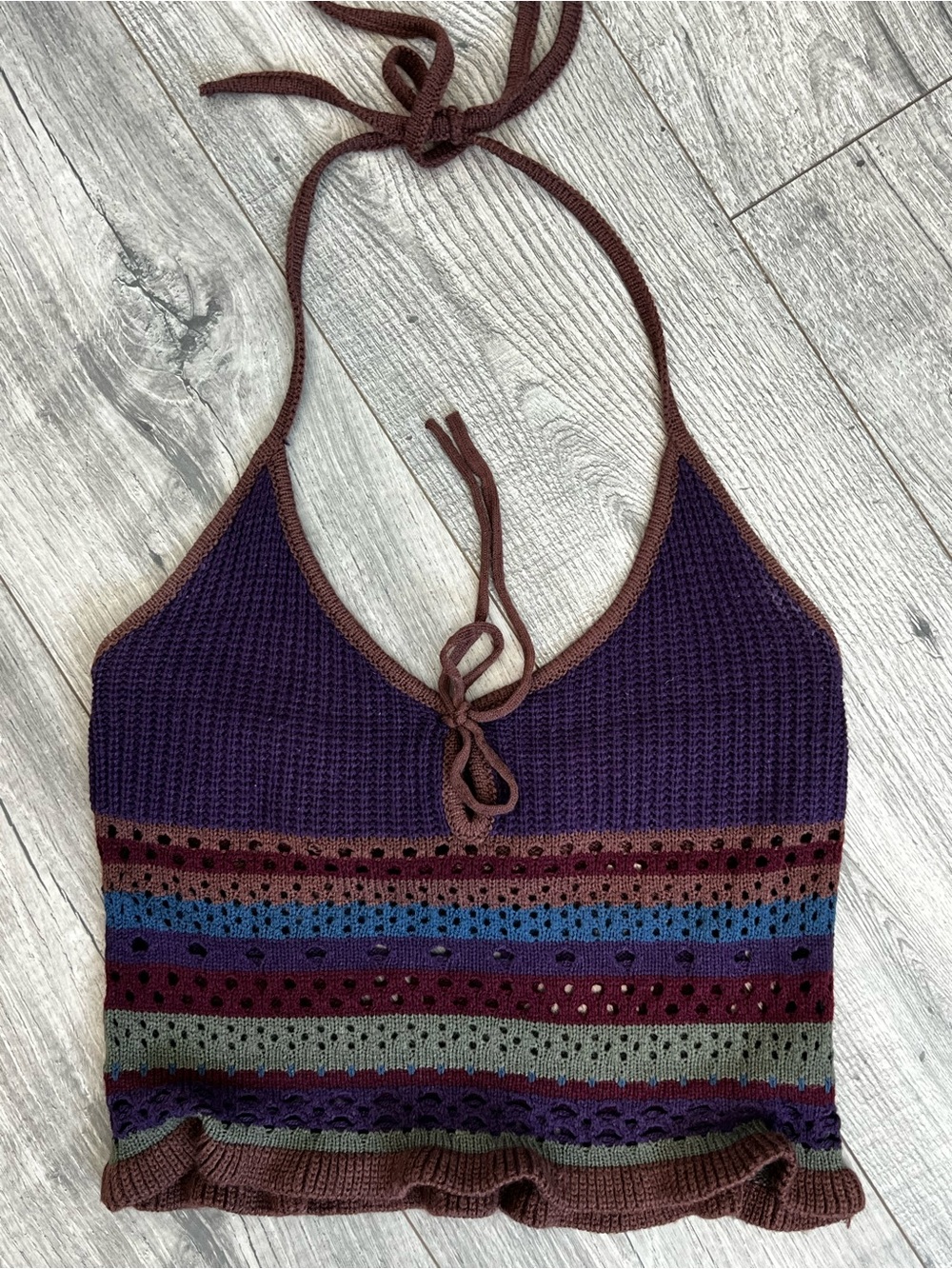 Colorful Chunky Knit Boho Hippie Crochet Halter Crop Top- Size Small